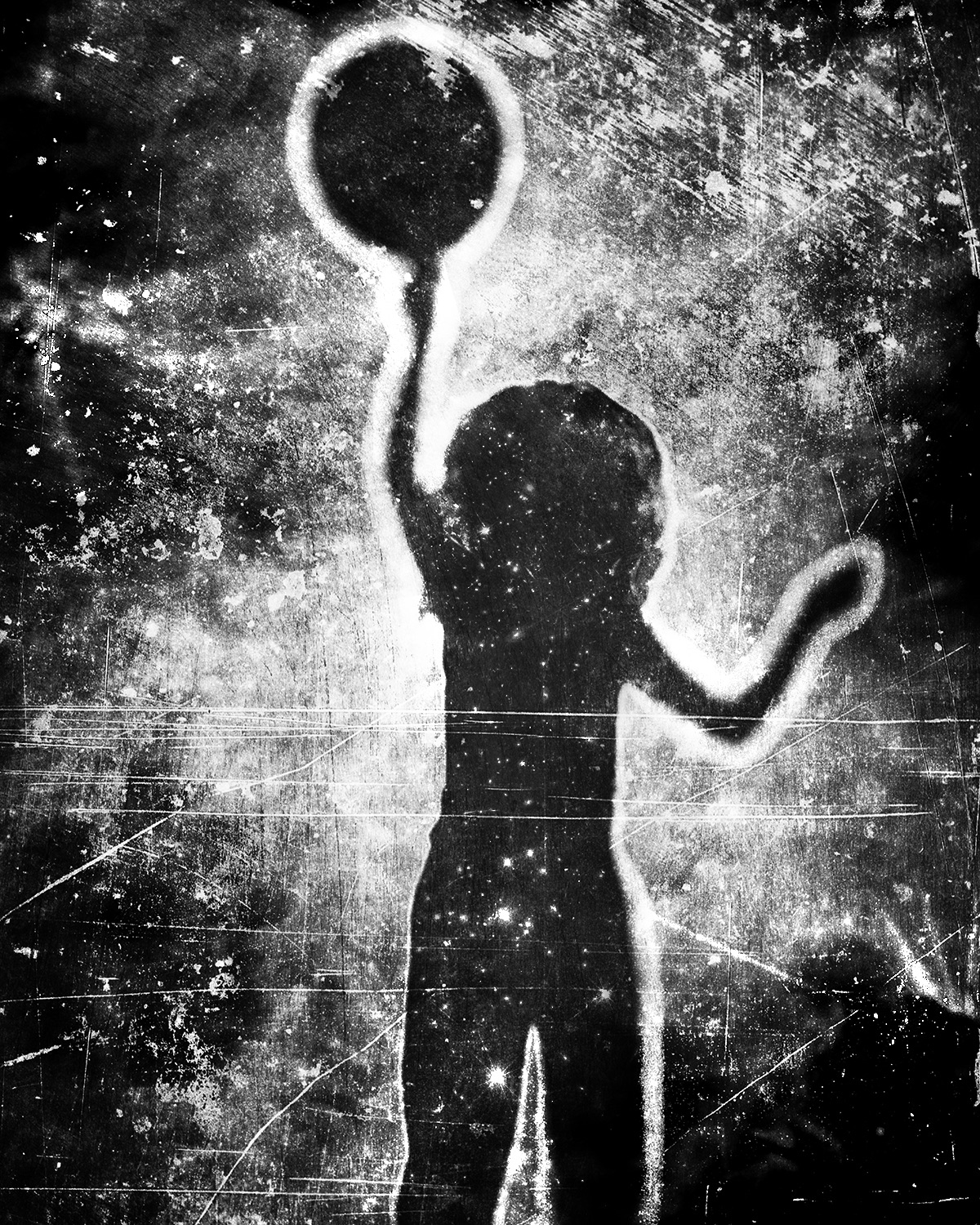 Silhouette of a child holding up a ball, from the Shadow Kids fine art series